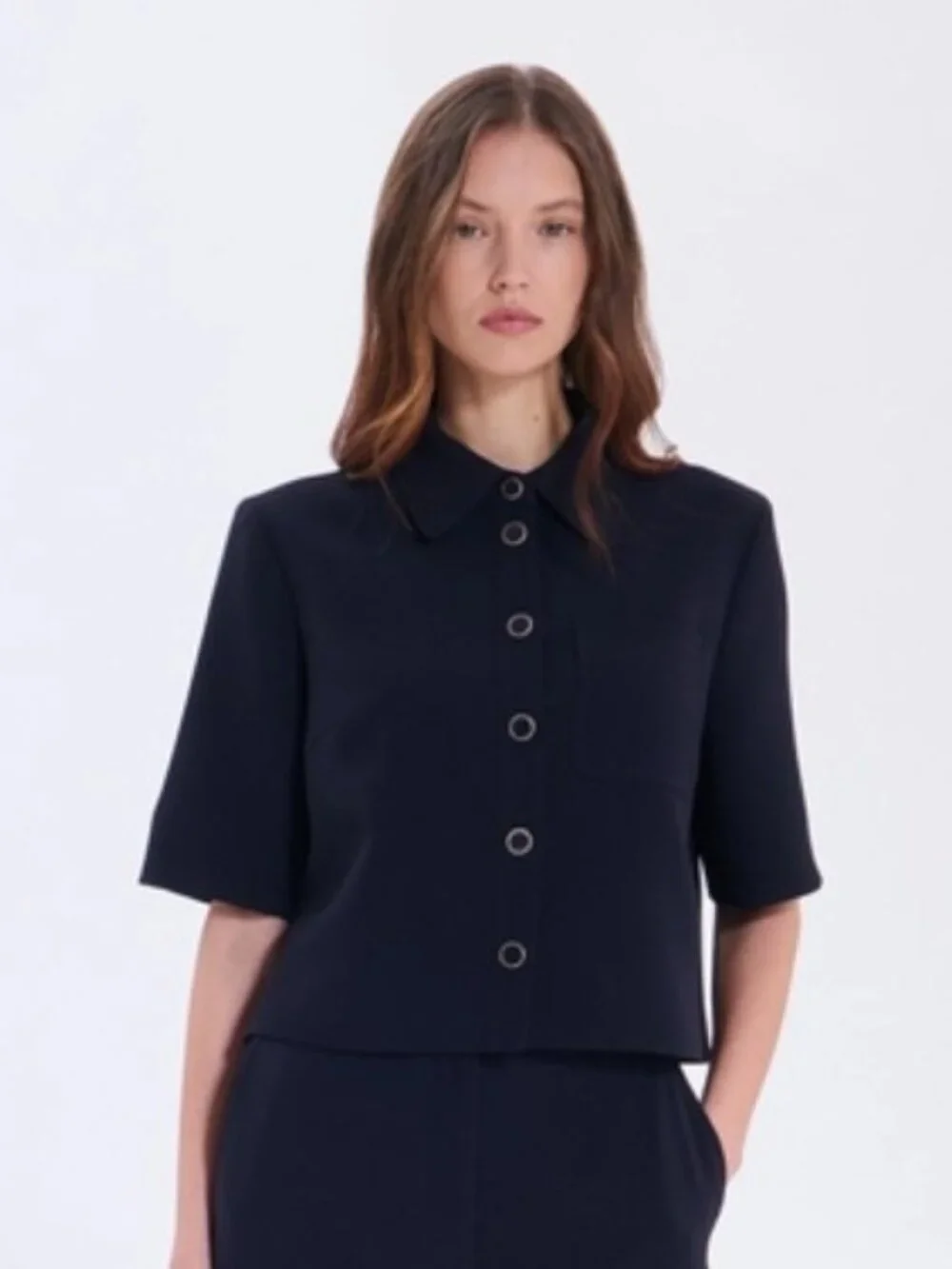 NWOT ZAPA Celina Short Sleeve Bolero Jacket Shirt in Navy Nocturne